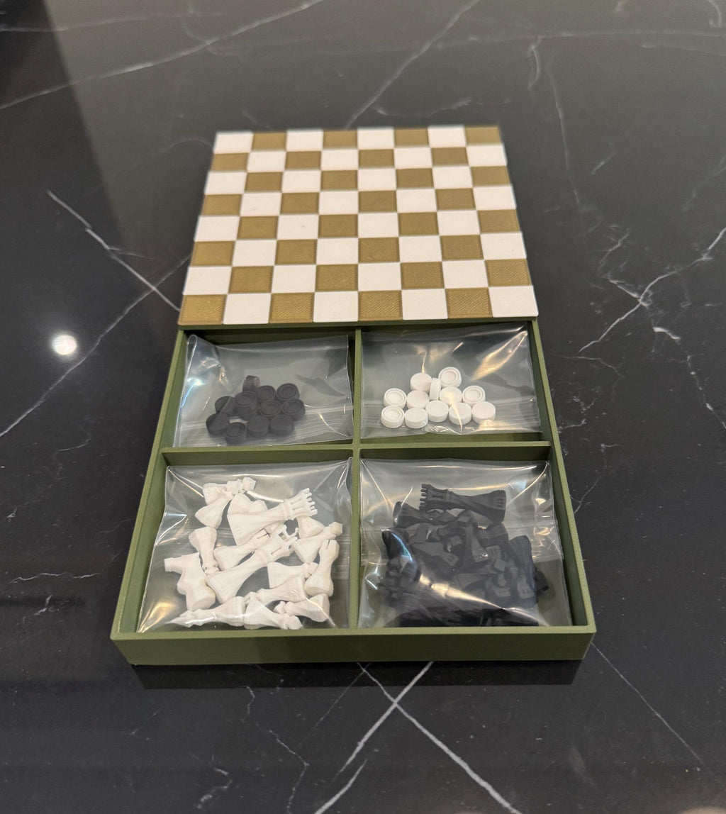 Compact Travel Chess and Checkers Set: 3D Printed Storage - Gift Ready
